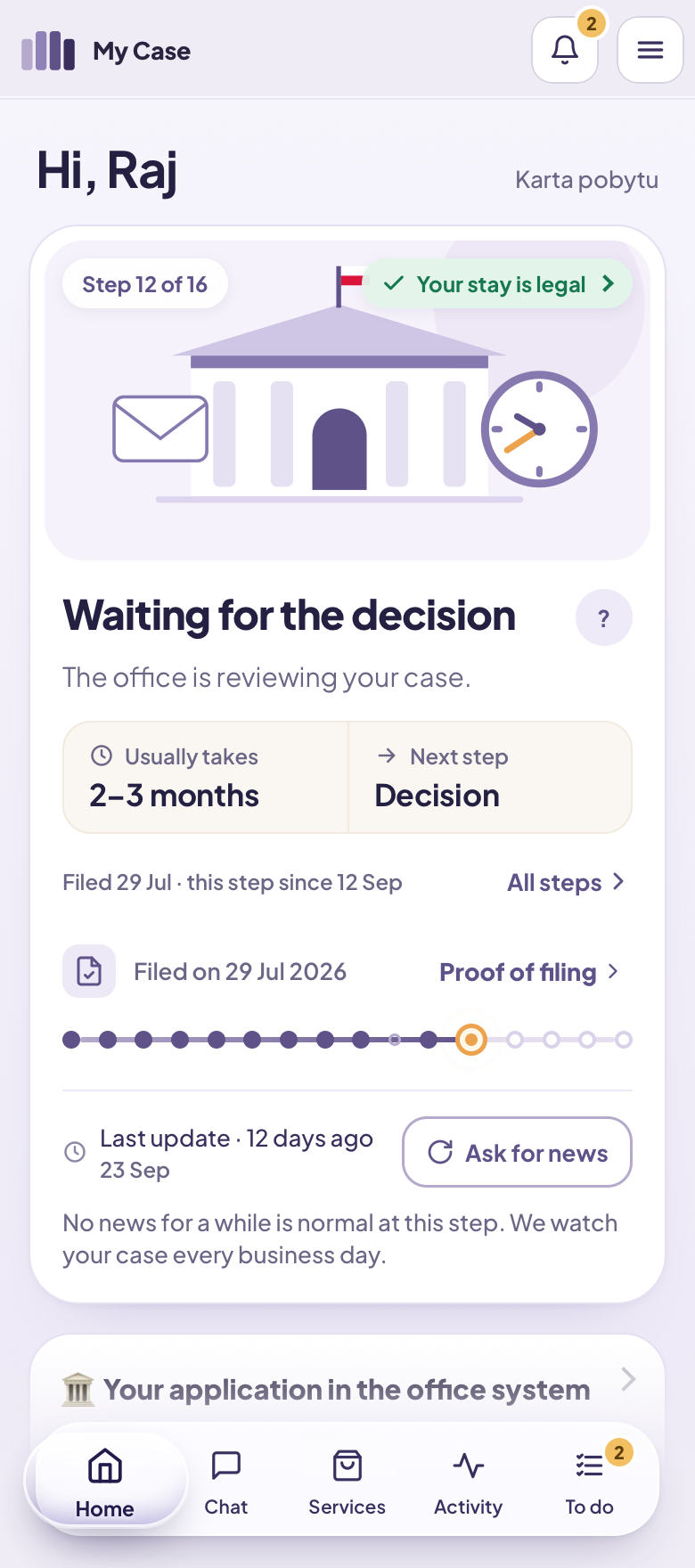 The LegalSol portal home screen: case number, current stage, days with us and the number of updates